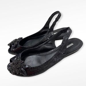 Vera Wang Lavender Label Black Crystal Embellished Peep Toe Slingback Flats